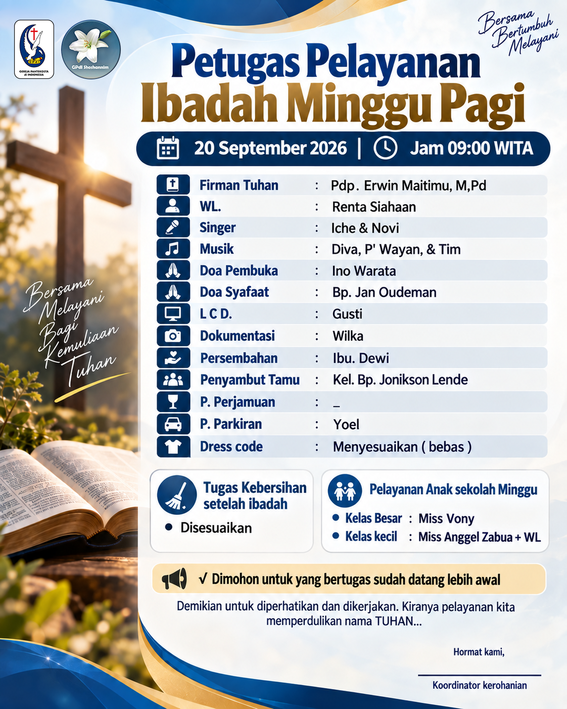 Jadwal Petugas Pelayanan Ibadah Minggu Pagi