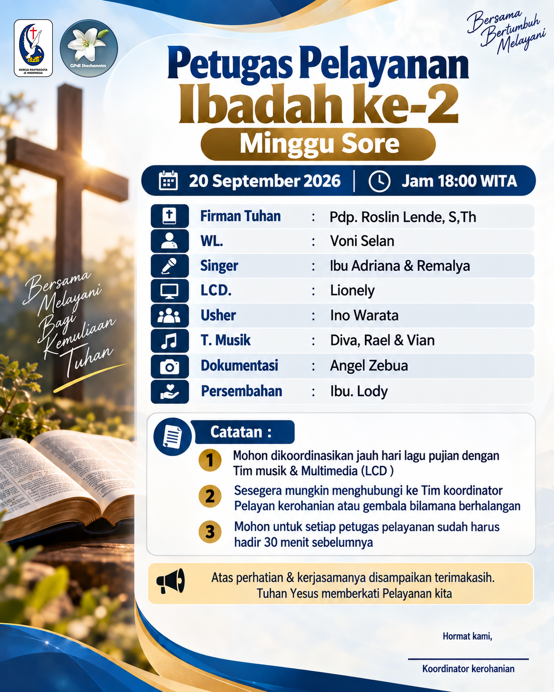 Jadwal Petugas Pelayanan Ibadah Sore
